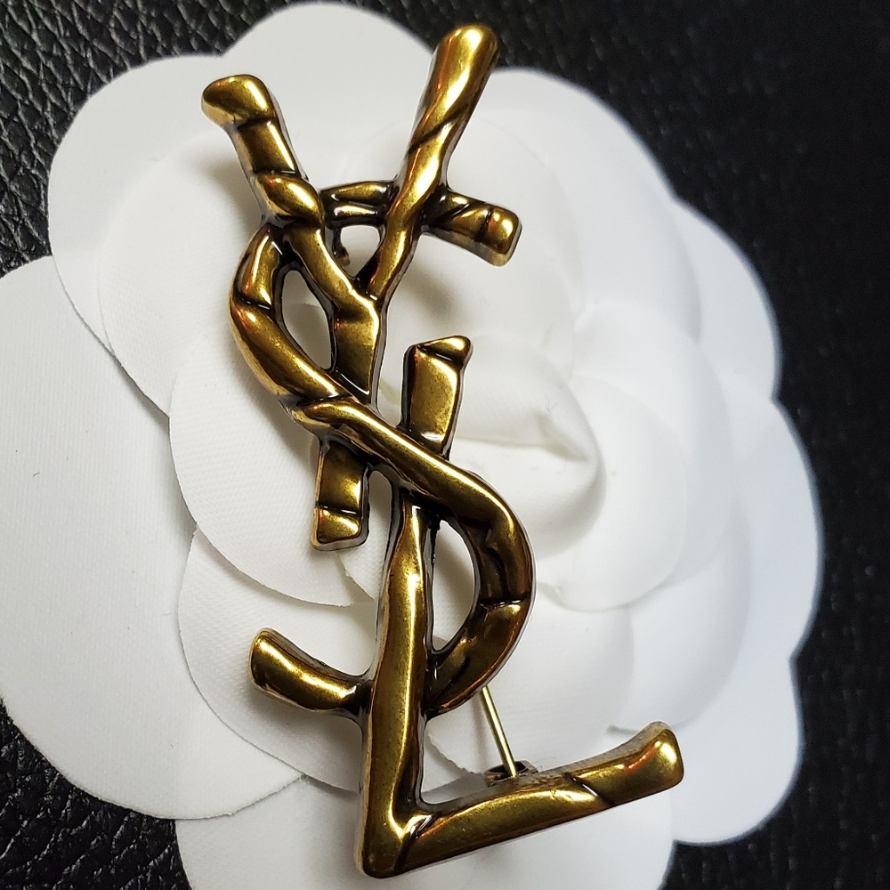 Yves Saint Laurent Gold Twisted Monogram Brooch